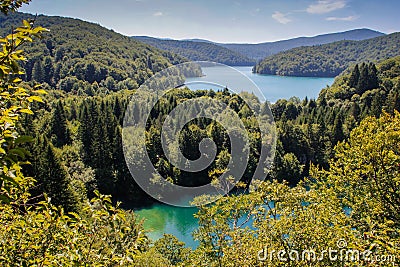 The main natural landmark of Croatia is the Plitvice Lakes with cascades of waterfalls. Emerald clear cold water on the background Stock Photo