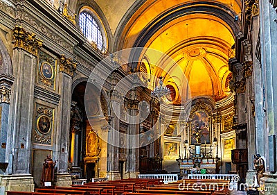 Main nave and presbytery of Eglise Saint Francois de Paule church of Francis of Paola in historic old town of Nice in France Editorial Stock Photo