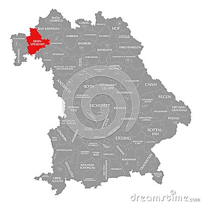 Main-Spessart county red highlighted in map of Bavaria Germany Cartoon Illustration