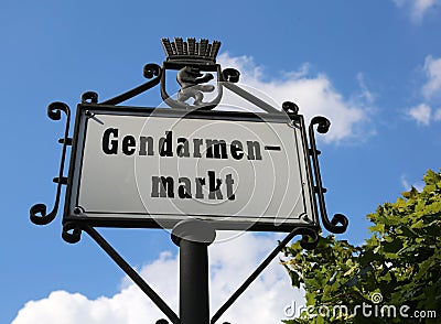 main square of Berlin in the road sign called Gendarmenmarkt tha Stock Photo