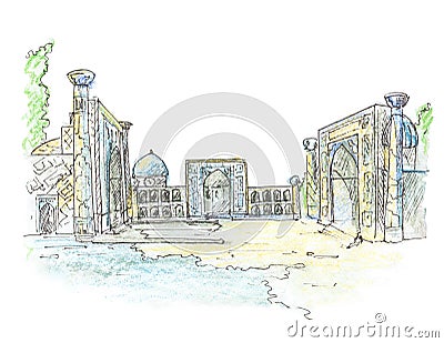 Main Square in the center of Samarkand, a city in Uzbekistan. Middle East. Samarkand square, architectural ensemble of the XV-XVII Cartoon Illustration