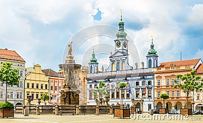 Main square of Ceske Budejovice with Samson fountain and Town Hall building - Czech Republic Stock Photo