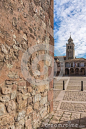 Main square of Medinaceli. This wide closed Castilian square, porticoed and almost pentagonal Soria, Spain Stock Photo