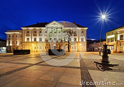 Main square Rynek and City Hall of Kielce, after sunset. Stock Photo