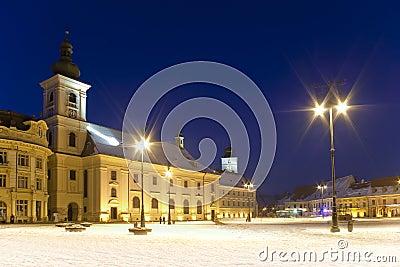 Main square winter snow Sibiu Romania Stock Photo