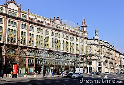 Main street perspective view in downtown Budapest. spring scene. Editorial Stock Photo