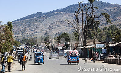 Main street of small provincial town. Hirna. Ethiopia. Editorial Stock Photo