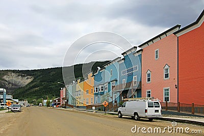 Main street with typical traditional wooden houses in Dawson City, Canada Stock Photo