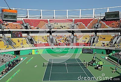 Main tennis venue Maria Esther Bueno Court of the Rio 2016 Olympic Games during women's doubles fina Editorial Stock Photo