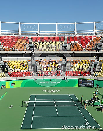 Main tennis venue Maria Esther Bueno Court of the Rio 2016 Olympic Games during women's doubles fina Editorial Stock Photo