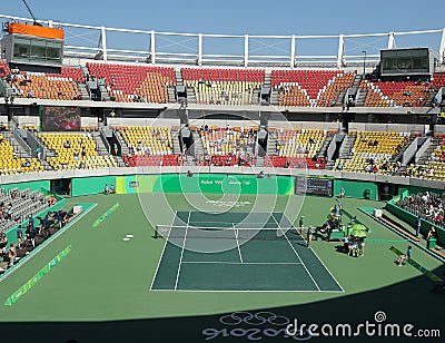 Main tennis venue Maria Esther Bueno Court of the Rio 2016 Olympic Games during women's doubles fina Editorial Stock Photo