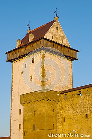 Main tower Long Hermann of the medieval castle of Narva close-up. Narva, Estonia Stock Photo