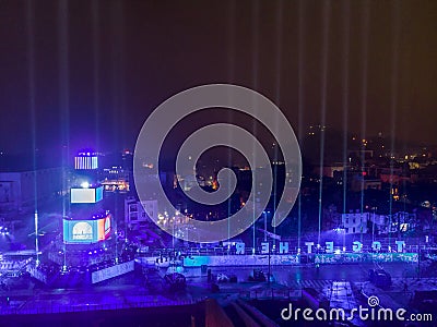 Projectors and lasers show of the tower in Plovdiv, Bulgaria Editorial Stock Photo