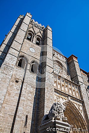 Main view of Cathedral of Avila, Spain, and lion stone Stock Photo