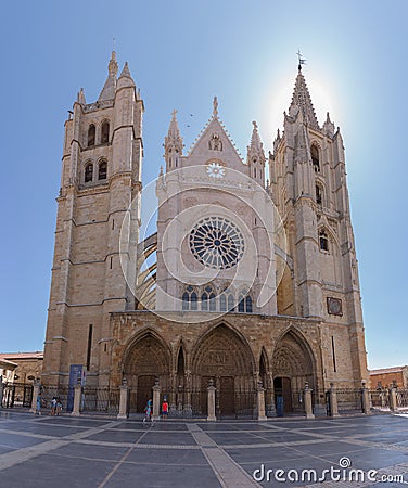 Main view at the Santa Marí­a de Regla de León Cathedral, iconic gothic and romanesque facade building Editorial Stock Photo