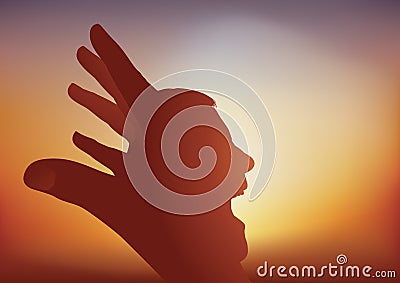 Mental health concept with a face sticking out of a hand opposing action with reflection. Stock Photo