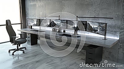 The main work area boasts a large concrete desktop supported by sleek metal legs. The desktop offers ample space for Stock Photo