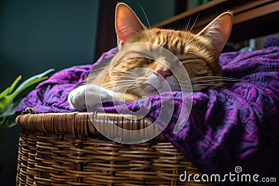 a maine cat in a wicker basket, wearing a purple sleeping mask Stock Photo