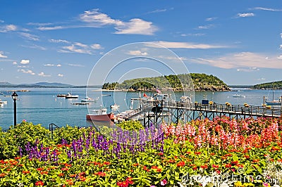 Maine coastal harbor and wharf Stock Photo