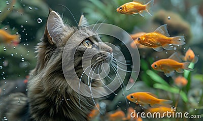 Maine coon cat looks at golden fish. Surprise, mystery, riddle illustration Stock Photo