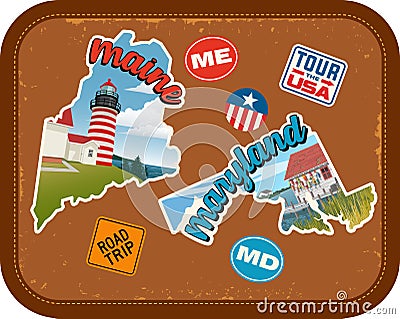 Maine, Maryland travel stickers with scenic attractions Vector Illustration