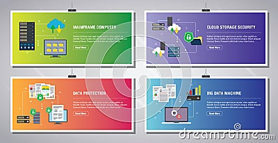 Mainframe computer, cloud storage security, data protection, big data machine Vector Illustration