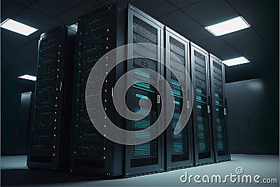 Mainframe devices on racks in room with big data cyber internet content. Neon light cloud computing server cabinet Stock Photo