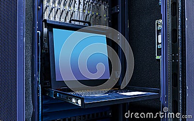 The mainframe server screen and communication racks in data center for large organization Stock Photo