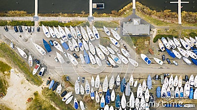 Winter harbour with plenty sailing boats shot from above Editorial Stock Photo