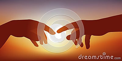 Concept of creation and communication, with the hands of Adam and God coming into contact. Stock Photo