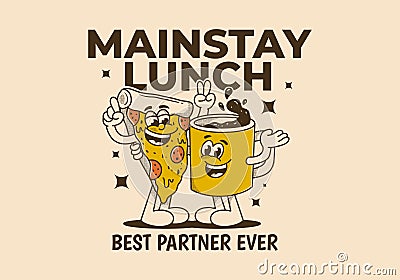 Mainstay lunch, best partner ever. Mascot character of a coffee mug and a slice pizza Vector Illustration