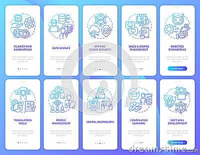 Maintaining prof skills blue gradient onboarding mobile app screen set Vector Illustration