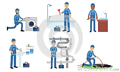 Maintenance Plumbing Water Systems Vector Illustration Set Isolated On White Background Vector Illustration