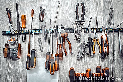 Maintenance station, motorcycle repair, tools in the workshop Stock Photo