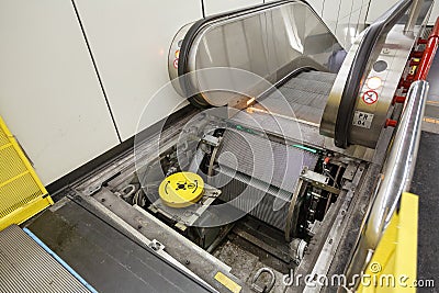 Maintenance work for escalator in the metro station Stock Photo