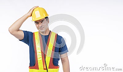 Maintenance workman occupation concept. Handsome confident smile craftsman wear yellow helmet hard hat safety holding hand on head Stock Photo