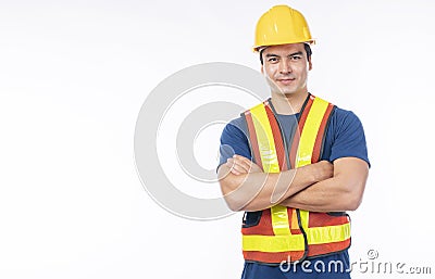 Maintenance workman occupation concept. Handsome confident smile craftsman wear yellow helmet hard hat safety standing arms Stock Photo