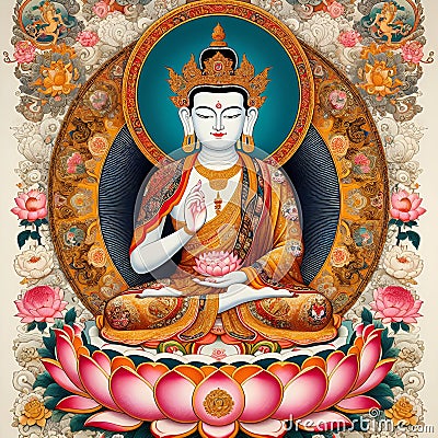 Maitreya Bodhisattva Thangka Art according to tibetan buddhism. Stock Photo