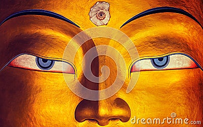 Maitreya Buddha face close up, Thiksey Gompa, Ladakh Stock Photo