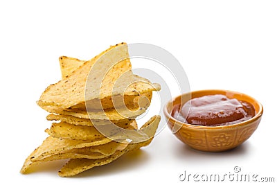 Maize chips and salsa sauce isolated Stock Photo