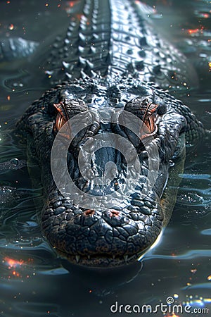 Majestic Alligator Close Up in Tranquil Waters, Mysterious Reptilian Gaze, Serene Yet Intimidating Predator Stock Photo