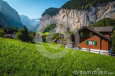 Lauterbrunnen village and valley with beautiful waterfalls, Switzerland Stock Photo