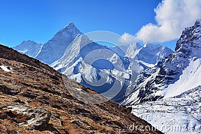 Majestic Ama Dablam Mountain on the background of blue sky, Nepal Stock Photo