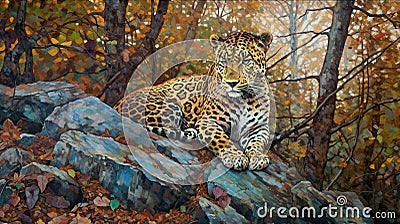 Majestic Amur Leopard in Korean Taiga Forest among large stones, AI generative Stock Photo