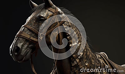 majestic anthropomorphic horse gallops fearlessly, adorned in shining military armor. Creating using generative AI tools Stock Photo