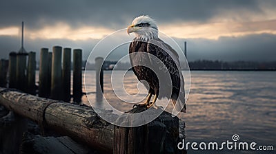 Majestic Bald Eagle Perched On Old Pier Stock Photo