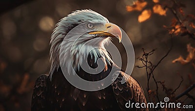 Majestic bald eagle perching on branch, symbol of American pride generated by AI Stock Photo
