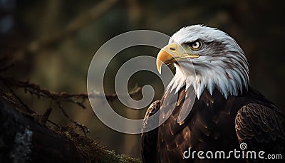 Majestic bald eagle perching on branch, symbol of American pride generated by AI Stock Photo