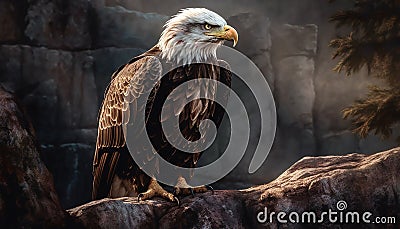 Majestic bald eagle perching on tree branch generated by AI Stock Photo