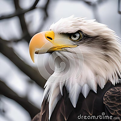 A majestic bald eagle poses for its portrait, perched on a tree branch, its keen eyes scanning the surroundings2 Stock Photo